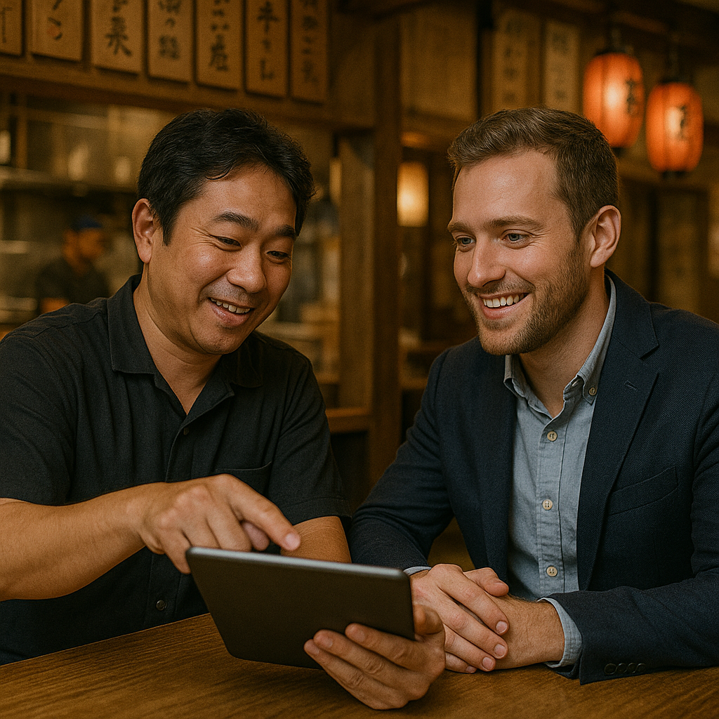 Japanese izakaya owner using AI translation app to help a foreign customer make a reservation